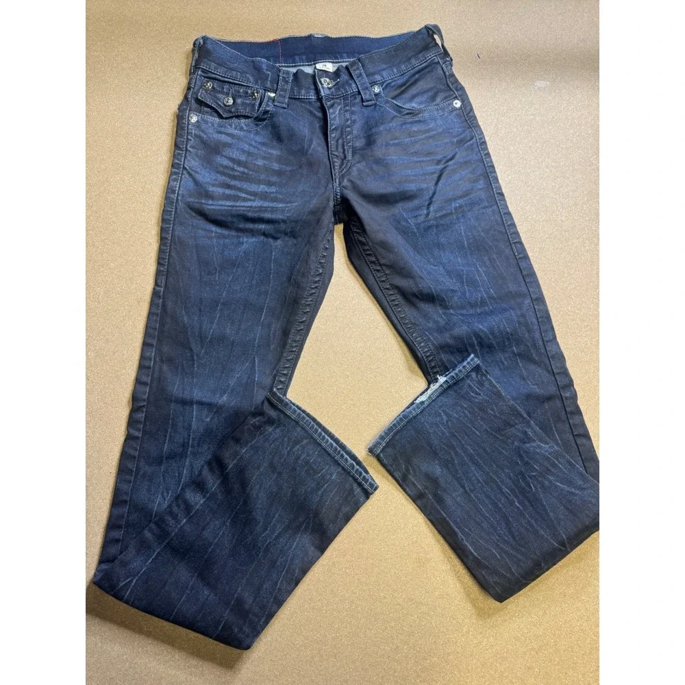 True Religion Mens Section Straight‎ Jeans Indigo Blue Whiskered Size 29 x 32